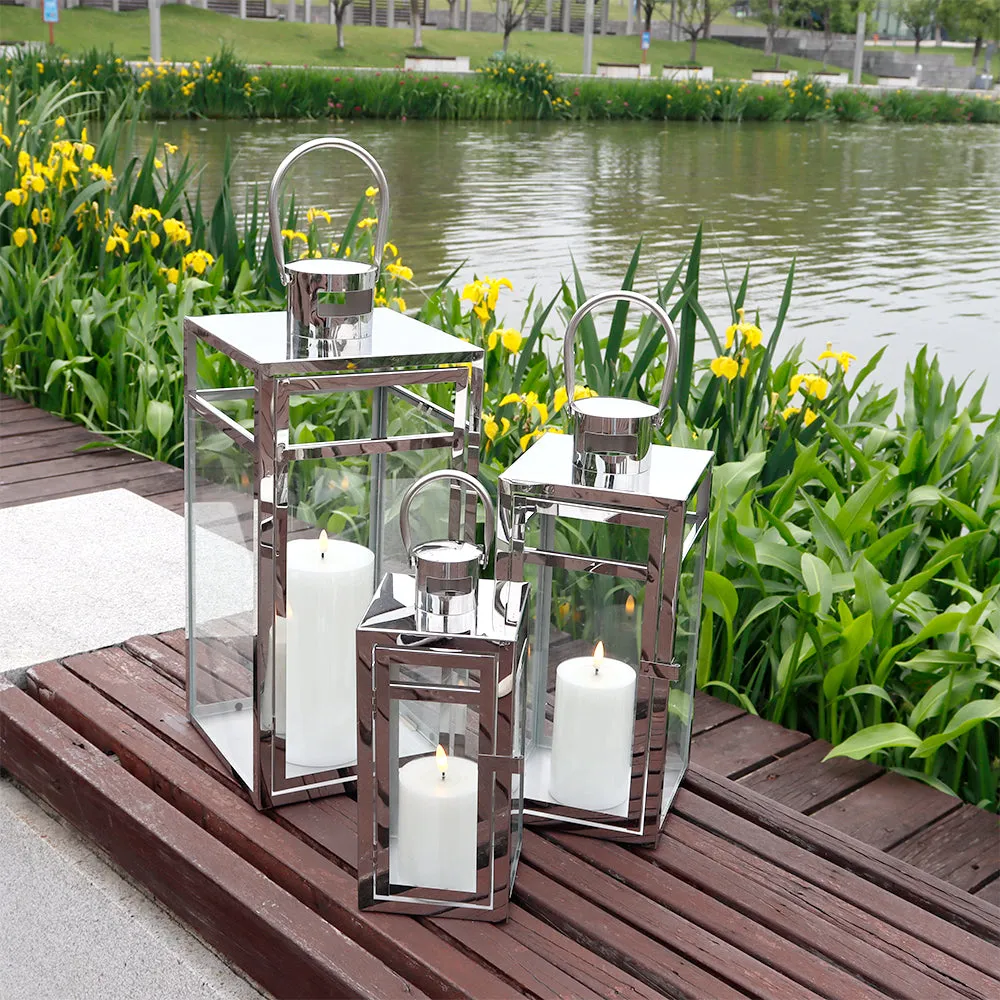 19''&15''&12'' H Stainless Steel Metal Candle Lantern  Candle Holder with Clear Glass Panels(Set of 3)