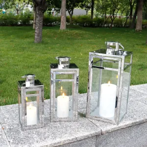 19''&15''&12'' H Stainless Steel Metal Candle Lantern  Candle Holder with Clear Glass Panels(Set of 3)