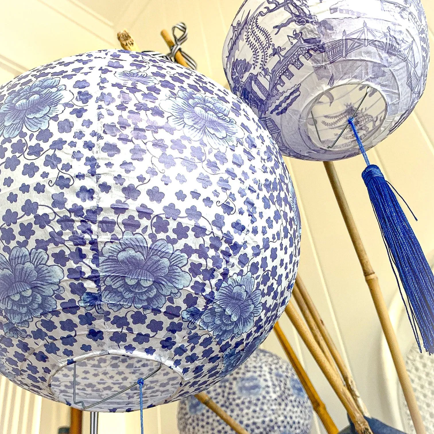 Blue and white bespoke paper lantern set of 3