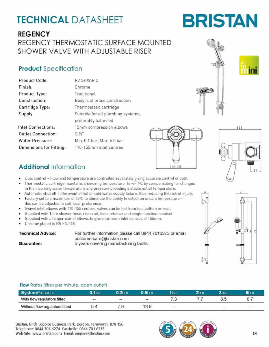 Bristan Regency2 Thermostatic Surface Mounted Shower Valve with Shower Kit