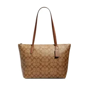 Coach Zip Top Tote Bag In Signature Canvas in Khaki/ Saddle