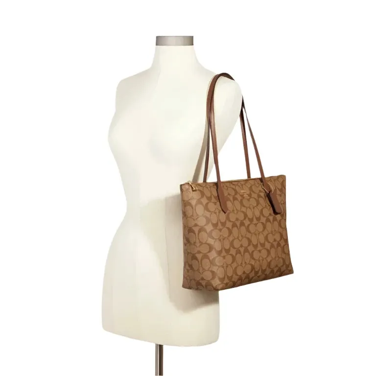 Coach Zip Top Tote Bag In Signature Canvas in Khaki/ Saddle