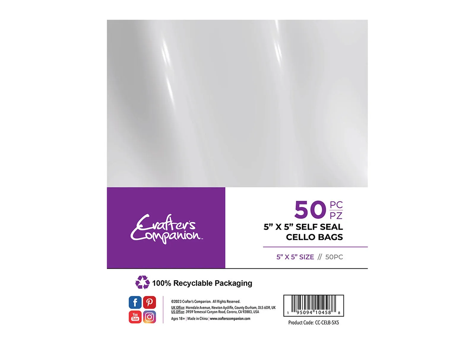 Crafter's Companion 5"x 5" Self Seal Cello Bags - 50 Pack