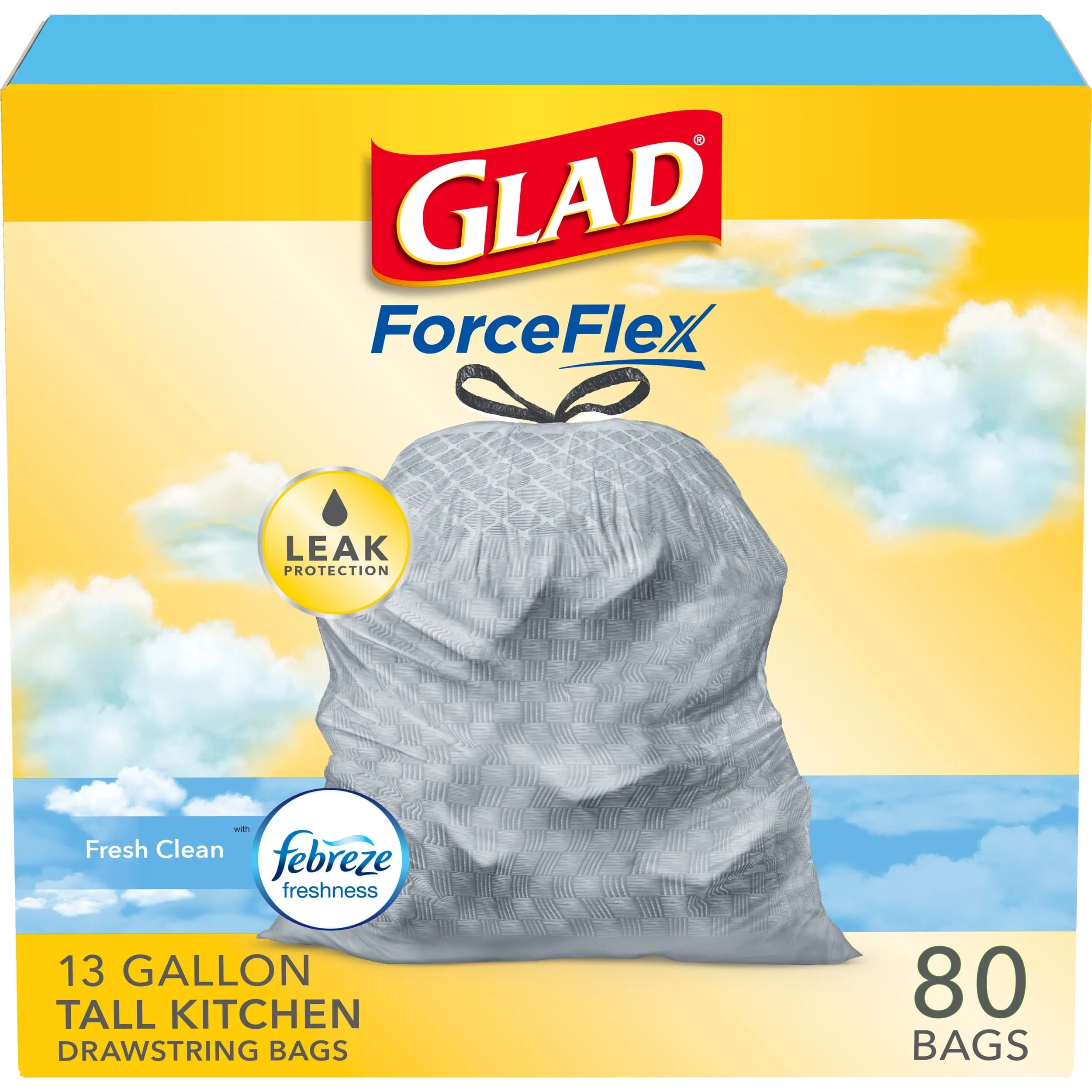 Glad 13 Gallon Tall Kitchen Trash Bags, OdorShield, Fresh Clean, 80 Bags