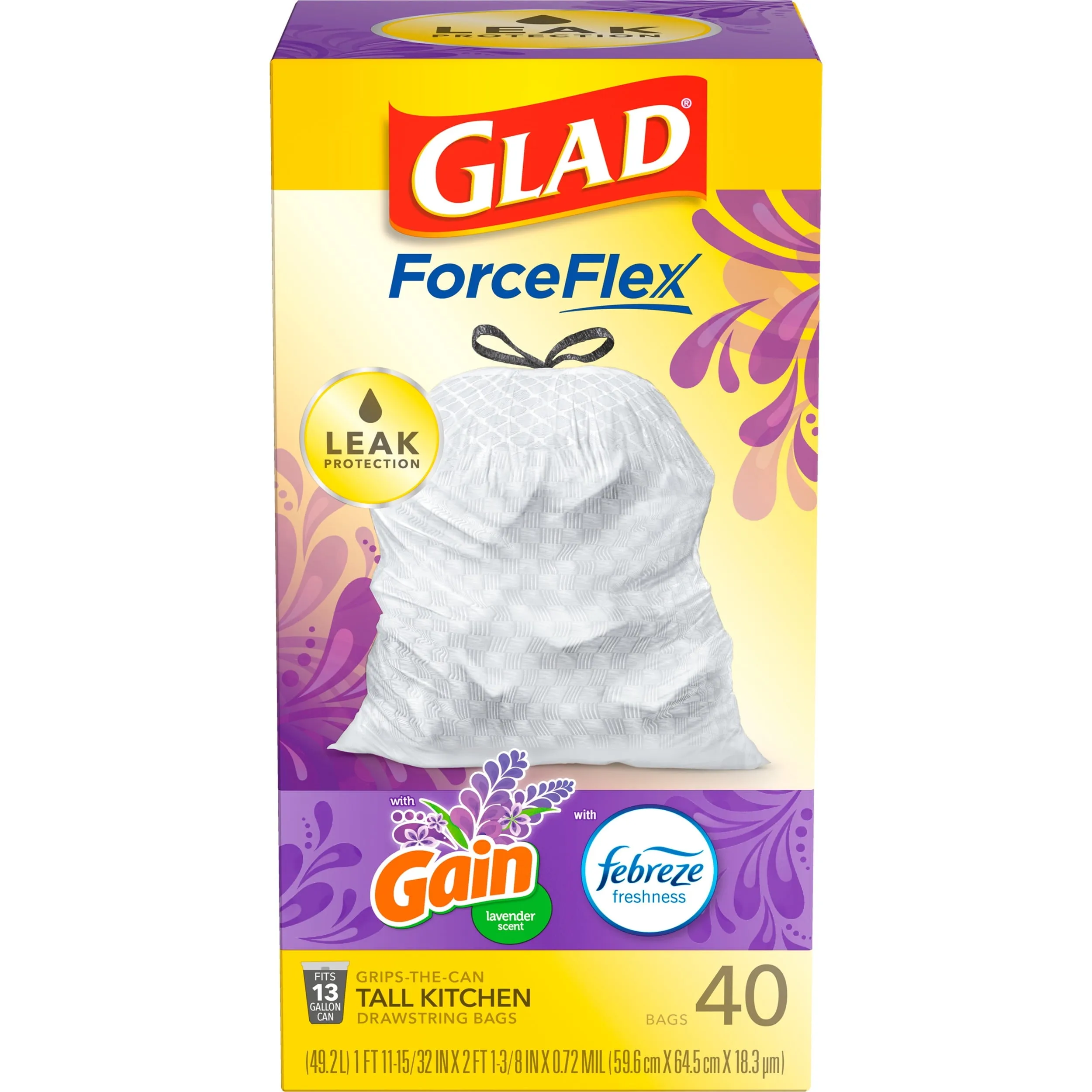 Glad ForceFlex 13 Gallon Tall Kitchen Trash Bags, Gain Lavender with Febreze, 40 Bags