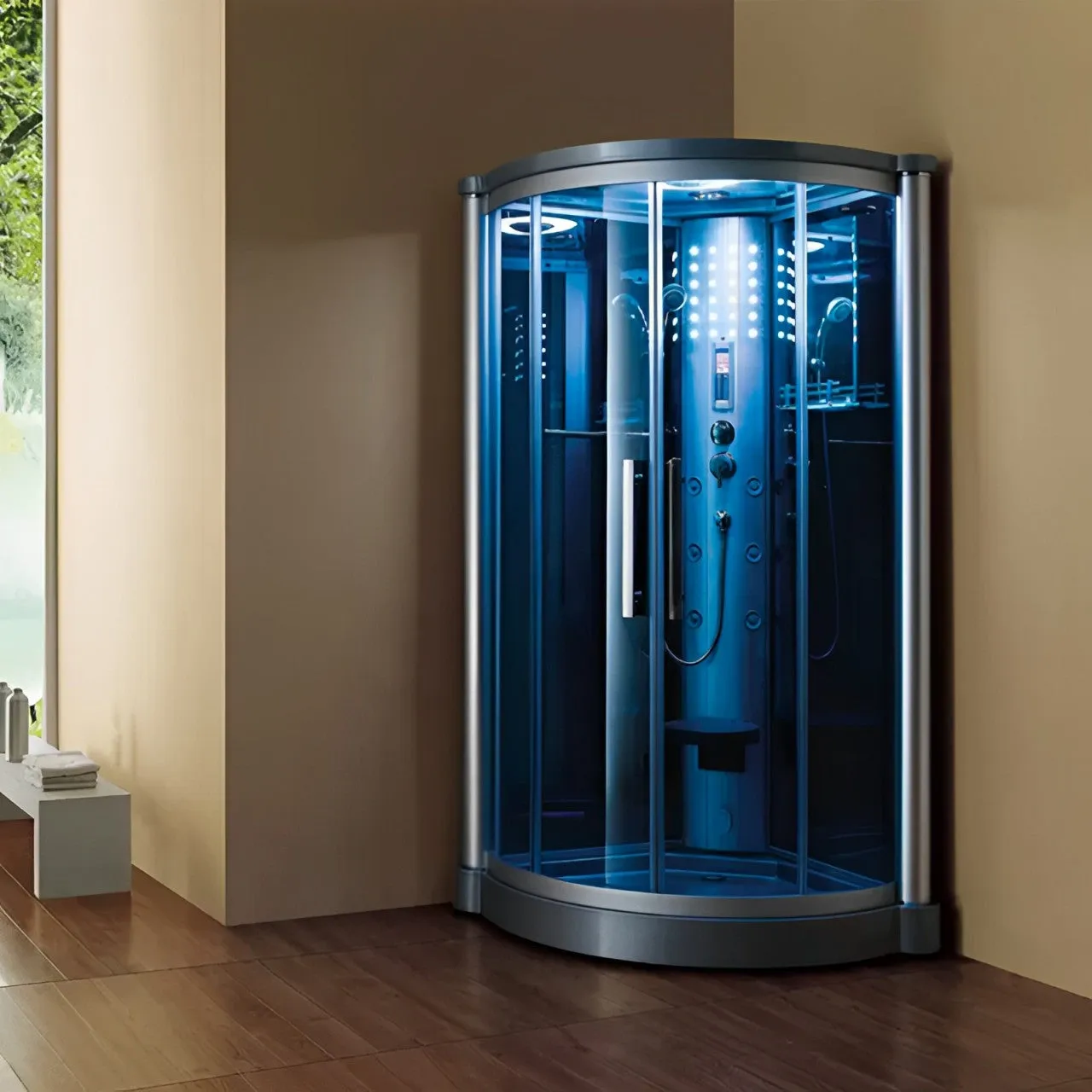 Mesa WS-801L 1 Person Corner Steam Shower - 42"L x 42"W x 85"H (Blue Glass)