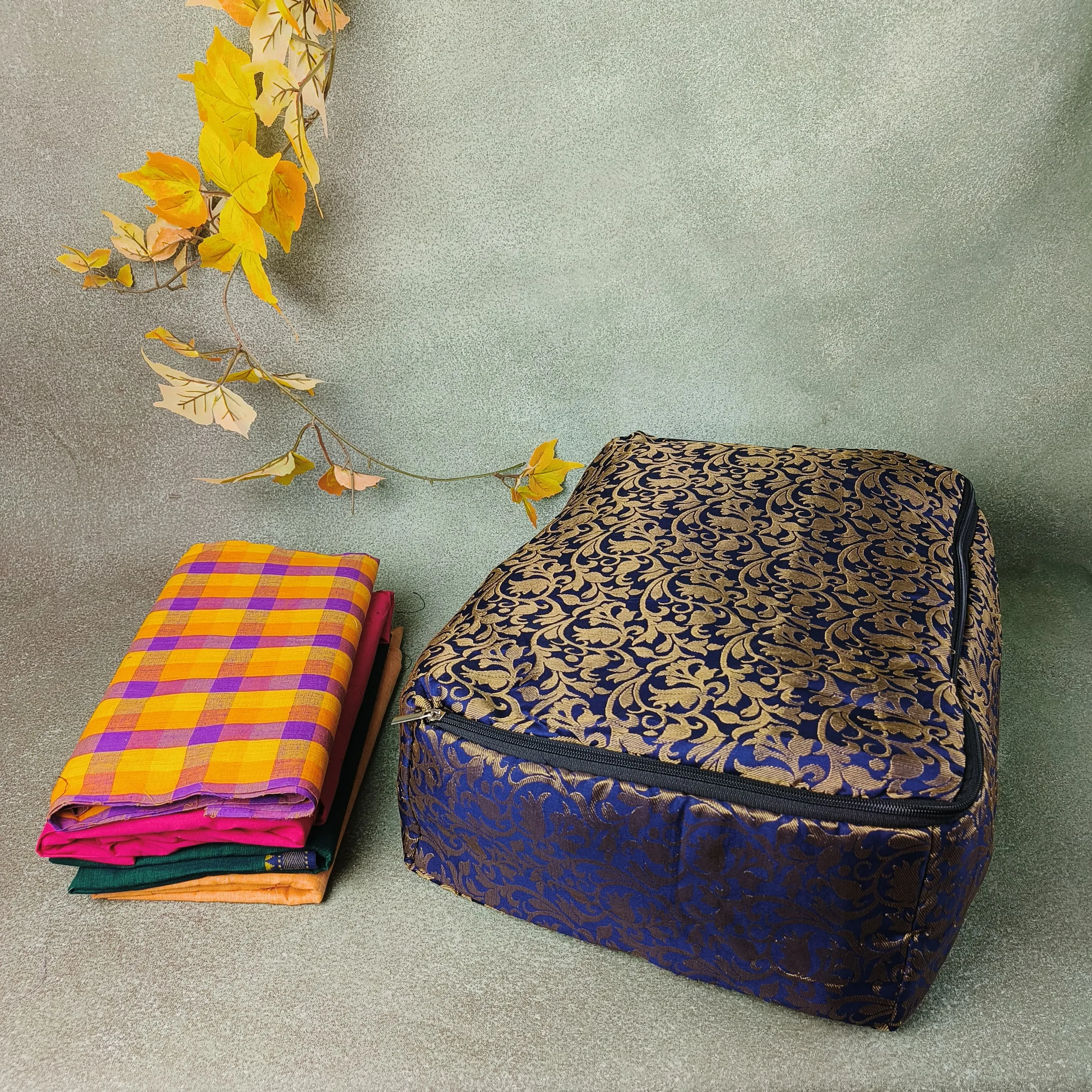 Saree Storage Bags Dark Blue with Golden Small Leaf Flower Prints.