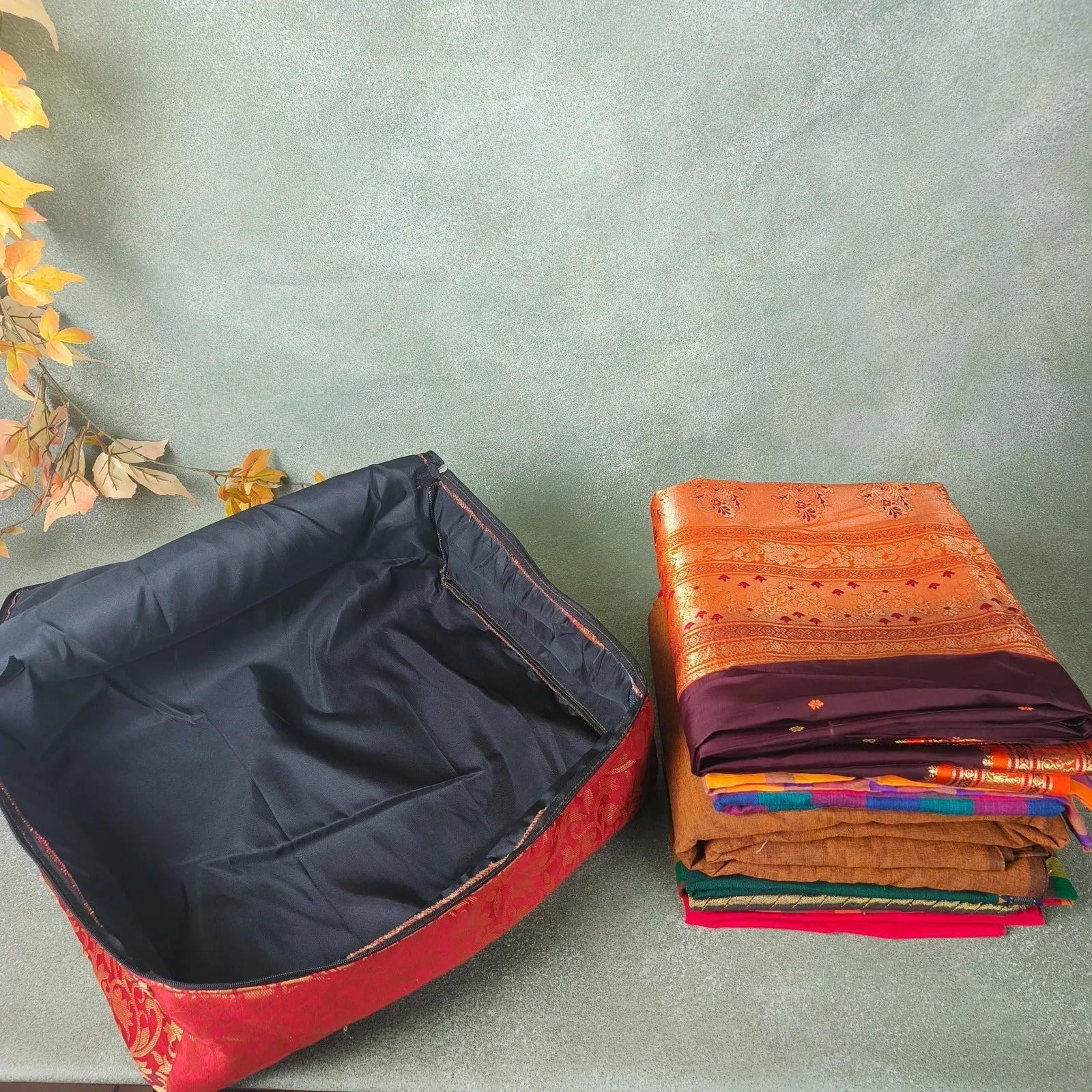 Saree Storage Bags Dark Blue with Golden Small Leaf Flower Prints.