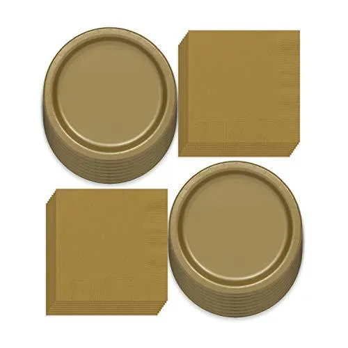 Solid Gold Colored Paper Dinner Plates and Luncheon Napkins, Gold Party Supplies and Table Decorations (Serves 16)