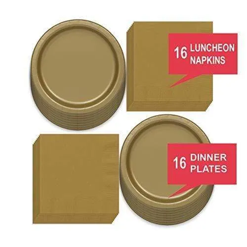 Solid Gold Colored Paper Dinner Plates and Luncheon Napkins, Gold Party Supplies and Table Decorations (Serves 16)