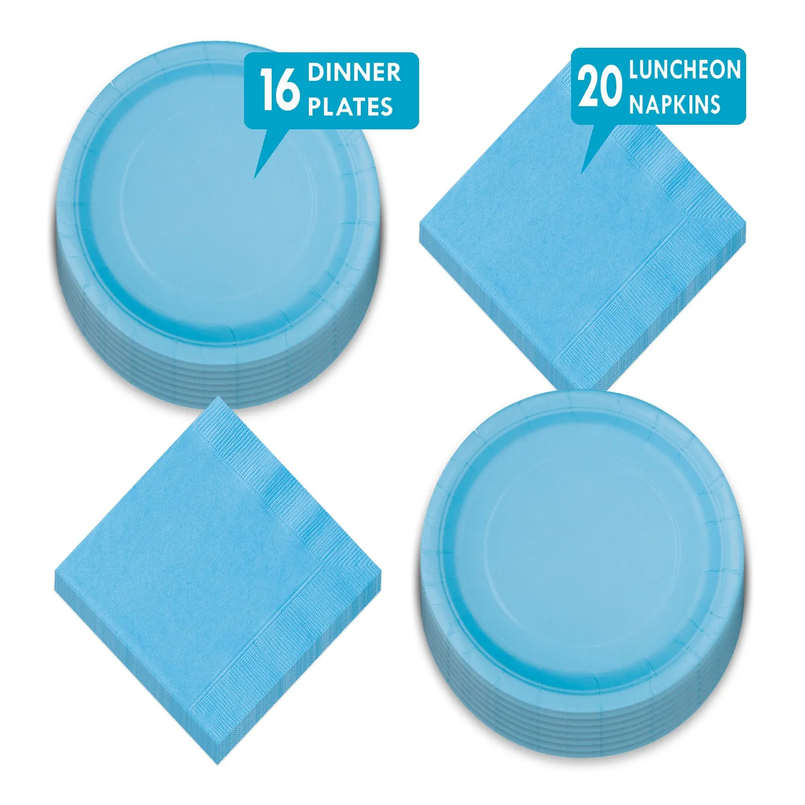 Solid Pale Blue Paper Dinner Plates and Luncheon Napkins for Blue Party Supplies and Baby Shower Decorations (Serves 16)